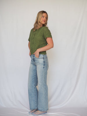 Pattered Crochet Short Sleeve Crop Green Cardigan
