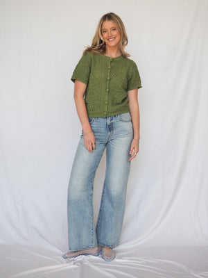 Pattered Crochet Short Sleeve Crop Green Cardigan