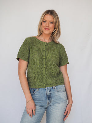 Pattered Crochet Short Sleeve Crop Green Cardigan