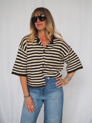Knit Sweater Striped Quarter Sleeve Cardigan