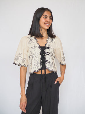 Linen Embroidered V Neck Short Sleeve Blouse Top
