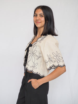 Linen Embroidered V Neck Short Sleeve Blouse Top