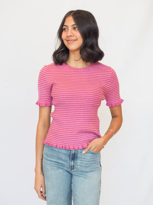 Lainey Mini Striped Ruffled Top In Berry