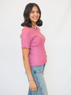 Lainey Mini Striped Ruffled Top In Berry