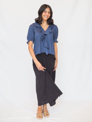 Woven Cotton Buttondown V-Neck Short Sleeve Top