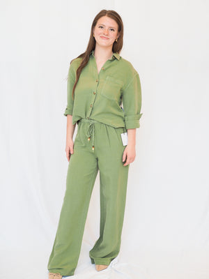 Beaded Drawstring Pant in Olive Leaf