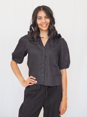 Milan Black Ruffle Collar Linen Blouse
