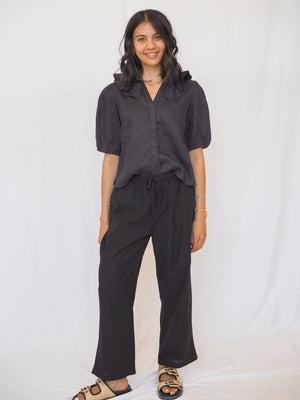 Milan Black Ruffle Collar Linen Blouse