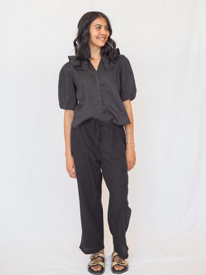 Milan Black Ruffle Collar Linen Blouse