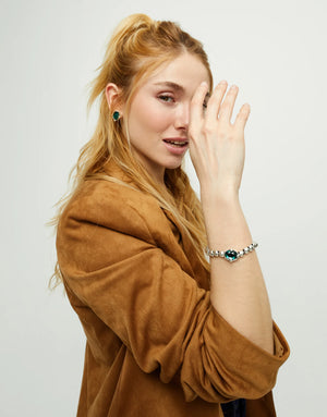 Uno De 50 Ser Deslumbrante Silver Beaded Bracelet with Oval Green Crystal