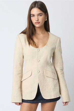 Linen Scoop Neck Blazer in Natural