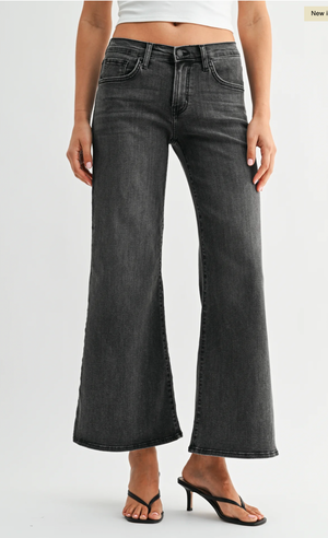 Wide Flare Leg Washed Black Jeans