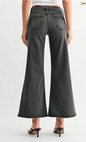 Wide Flare Leg Washed Black Jeans