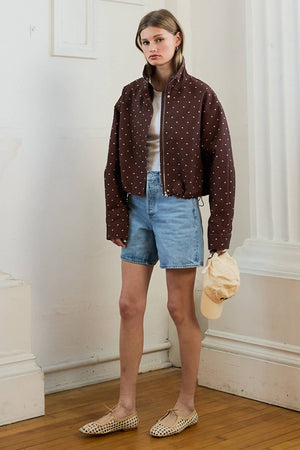 Polka Dot High Neck Drawstring Pullover Jacket in Brown Dot