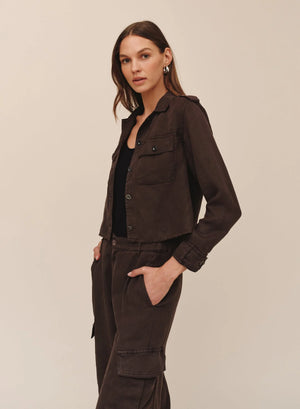 Bella Dahl Cropped Utility Jacket With Fray Hem in Dark Roast