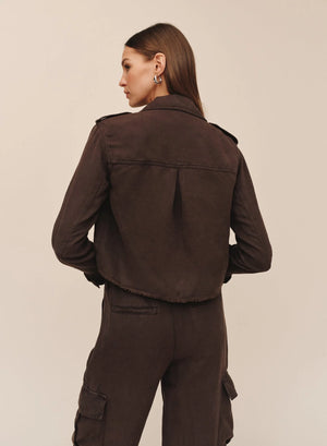 Bella Dahl Cropped Utility Jacket With Fray Hem in Dark Roast