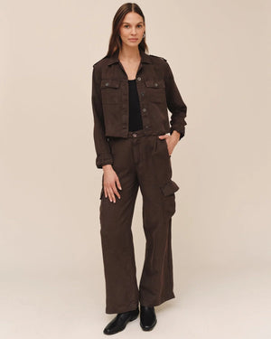 Bella Dahl Cropped Utility Jacket With Fray Hem in Dark Roast