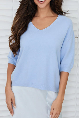 Sky Blue V-Neck 3/4 Sleeve Knit Top