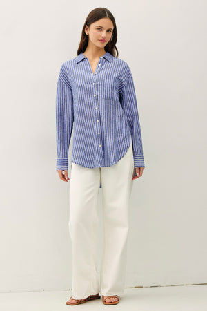 Cotton Linen Blend Striped Long Sleeve Button Up Shirt