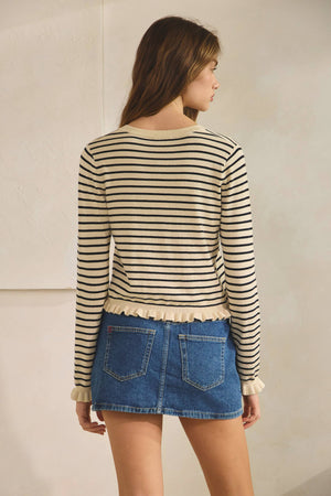 Striped Ruffle Wave Button Knit Cardigan