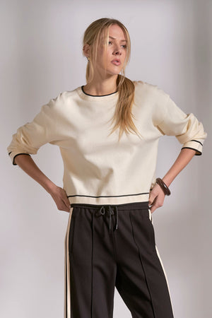 Cream Crew Neck Sweater with Black Contrast