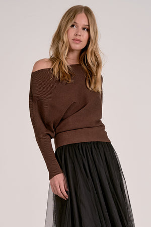 Off Shoulder Ribbed Chocolate Brown Sweater