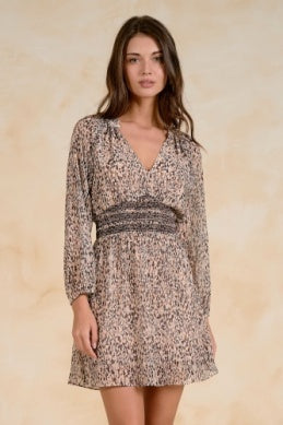 Printed Smocked Dress in Brown Lia