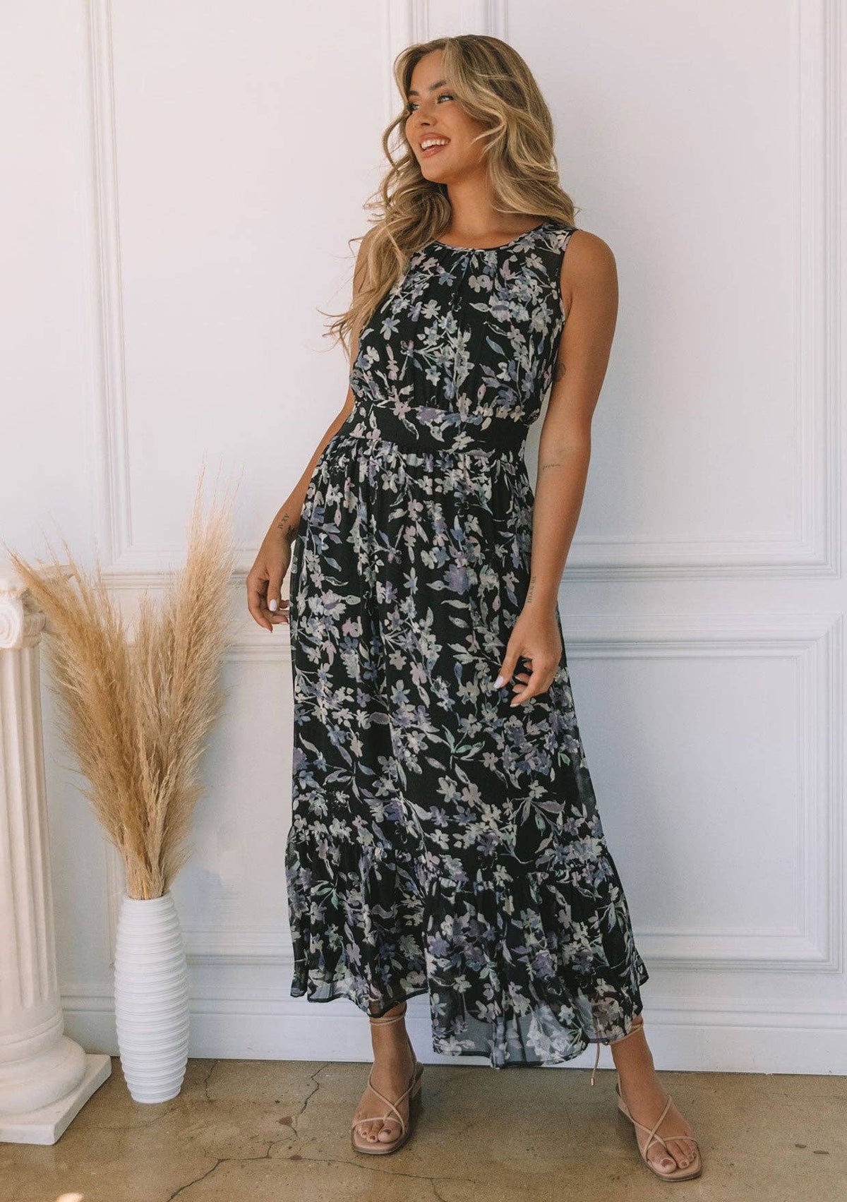 Lucienne Floral Sleeveless Round Neck Open Back Maxi Dress