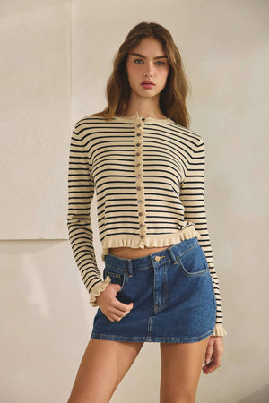 Striped Ruffle Wave Button Knit Cardigan