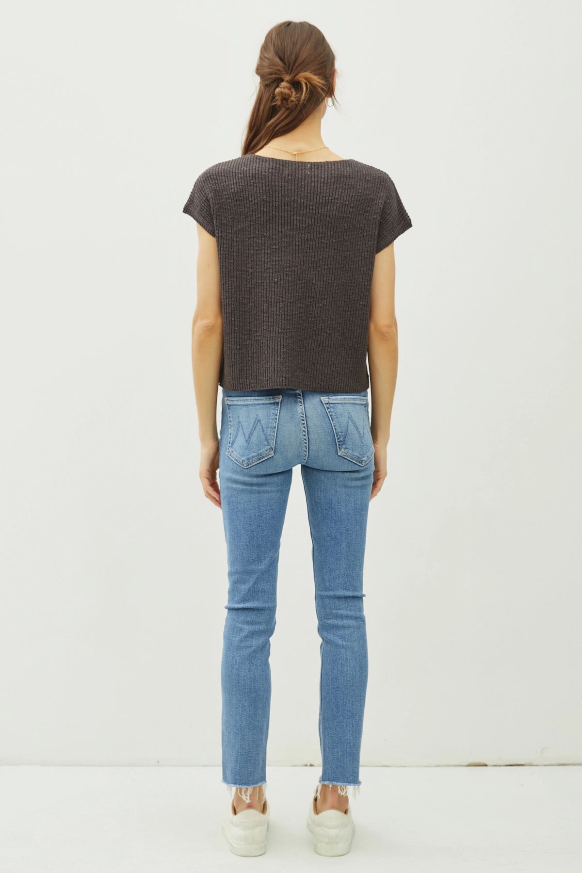 Patch Pocket Dolman Cap Sleeve Boxy Knit Sweater