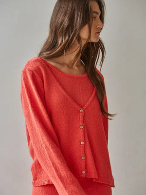 Knit Sweater Cotton V-Neck Cardi in Tomato Red