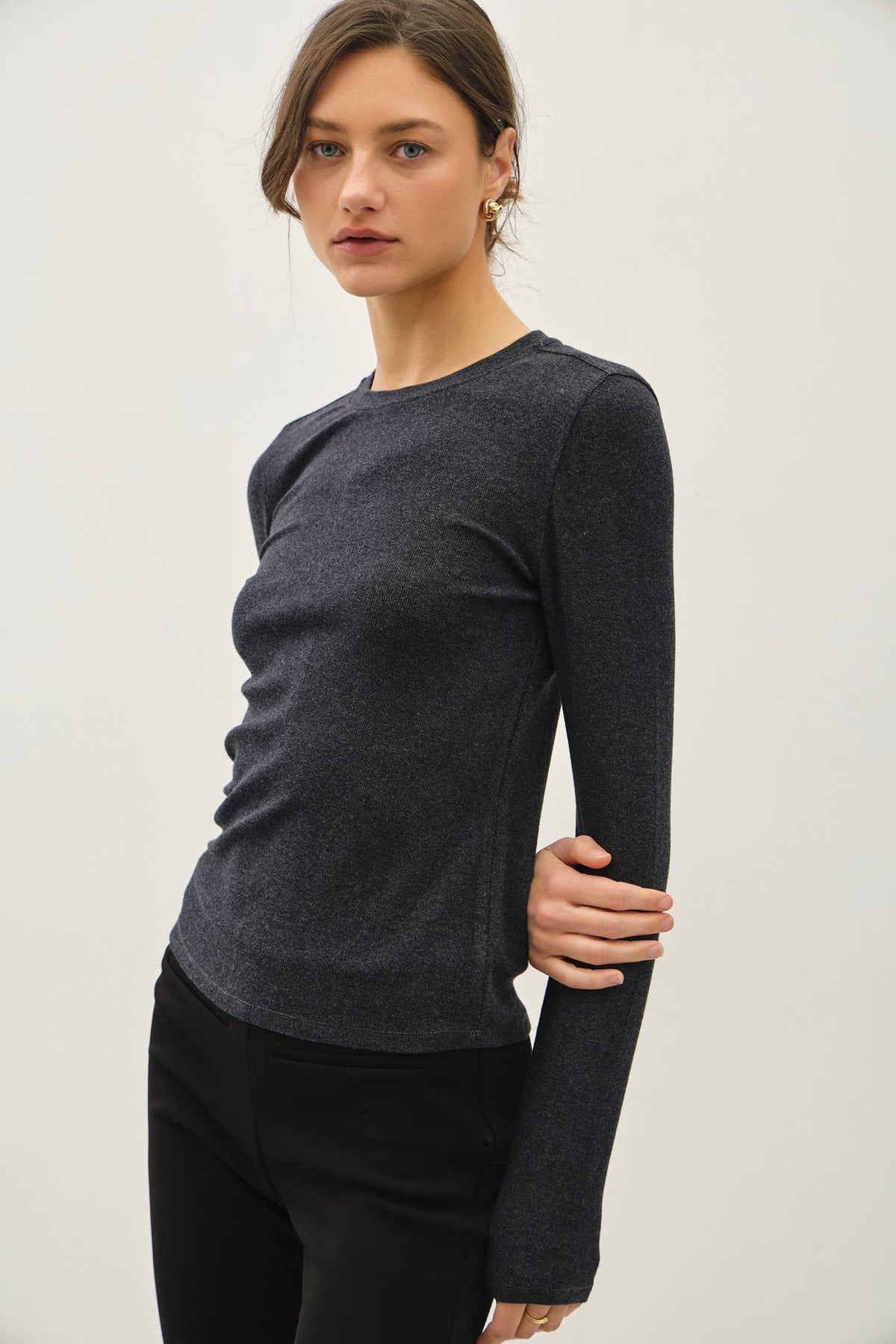 Ribbed Crewneck Long Sleeve Basic Top