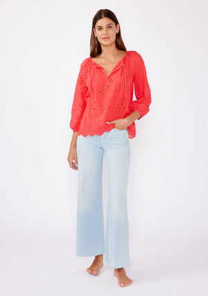 Vivienne Raglan Long Sleeve Blouse with Floral Eyelet Details - 2 Colors