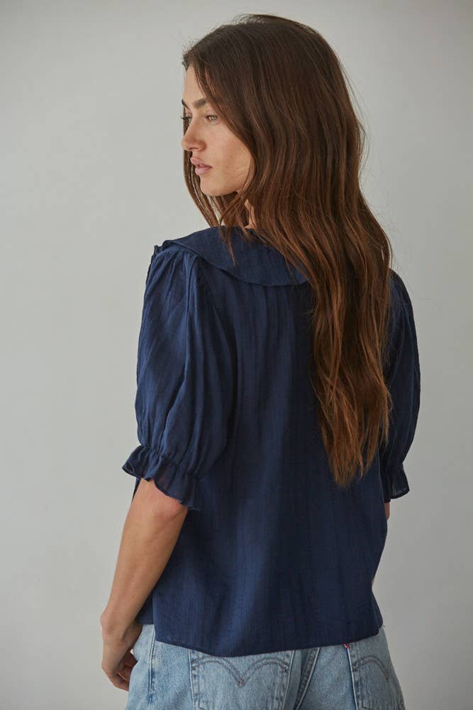 Woven Cotton Buttondown V-Neck Short Sleeve Top
