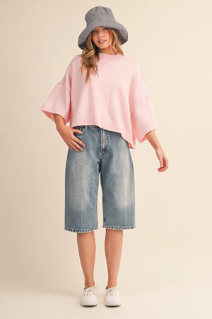 Marled Knit Mock Neck Short Sleeve Sweater