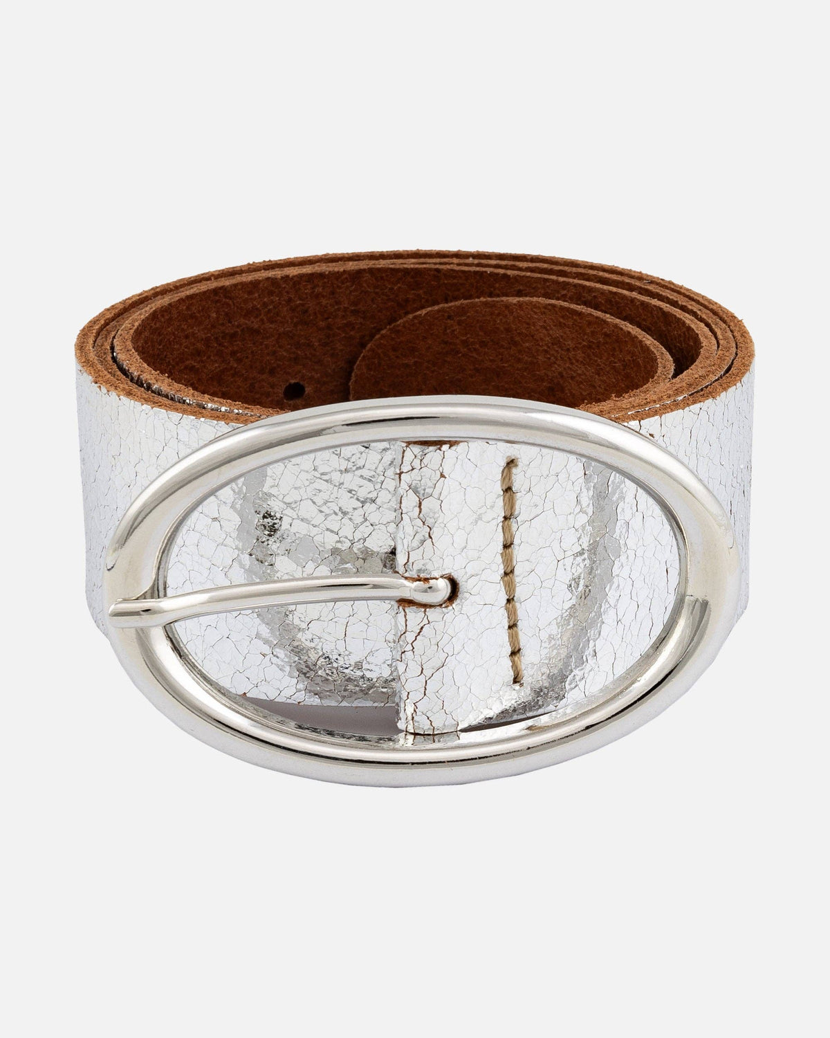 Chi Metallic Leather Belt with Sleek Oval Buckle in Silver