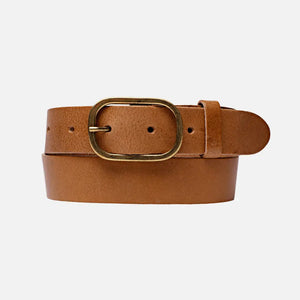 Marin Camel - Gold Oval Buckle Design Statement Leather Belt