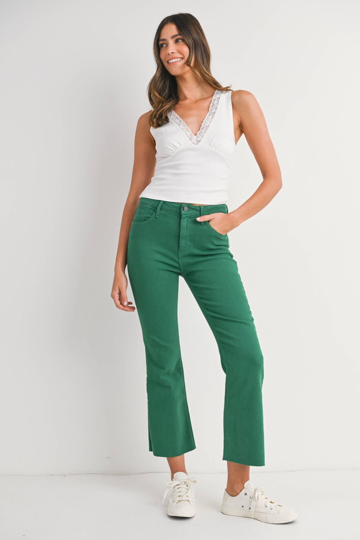 Just Black Denim Green High Rise Tonal Crop Flare Pants