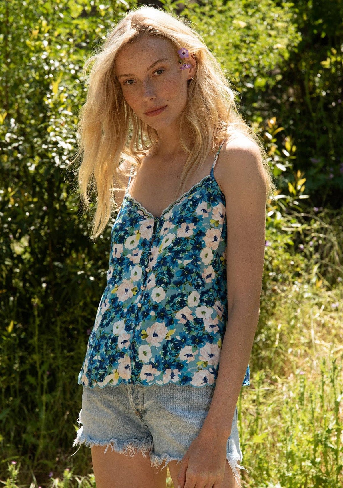 Daisy Vibrant Floral Button Down Cami Tank Top