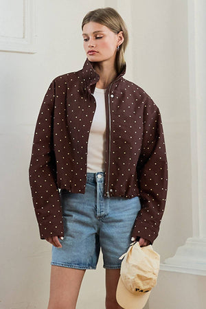 Polka Dot High Neck Drawstring Pullover Jacket in Brown Dot