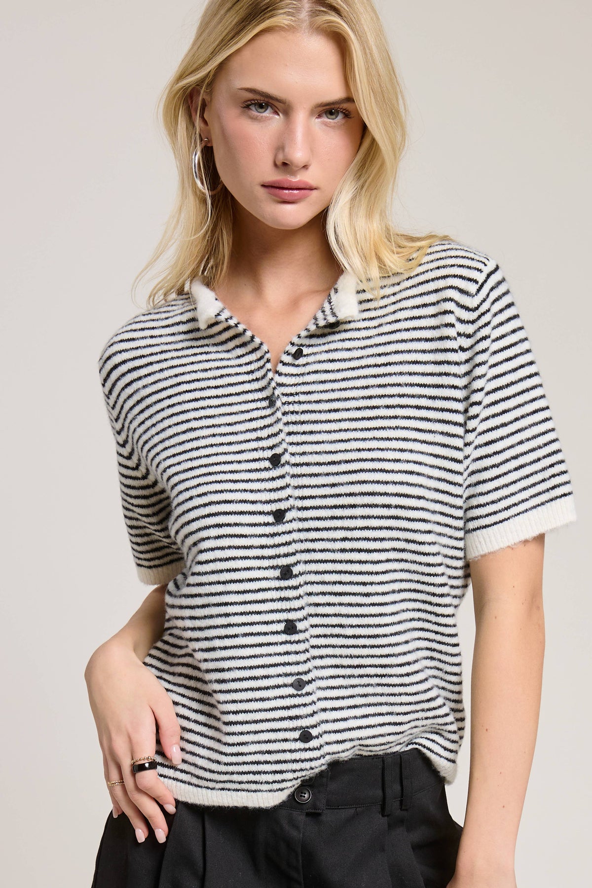 Striped Short Sleeve Essential Button Cardigan