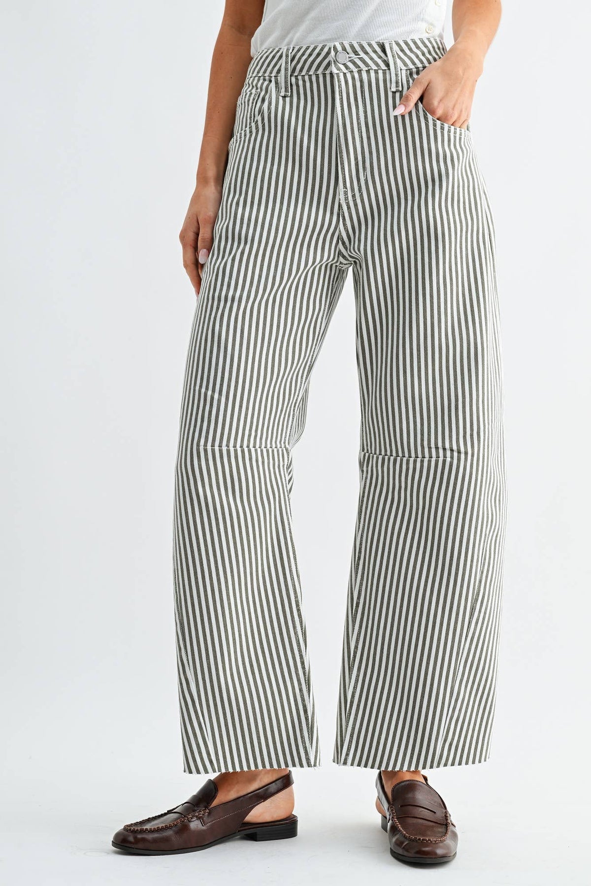 Just Black Denim Olive Stripe Barrel Jeans