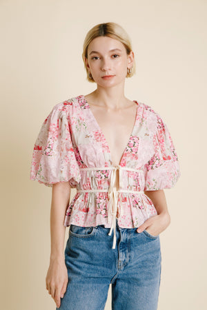 PATCHWORK TIE FRONT BLOUSE