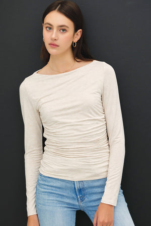 Long Sleeve Boat Neck Ruched Top