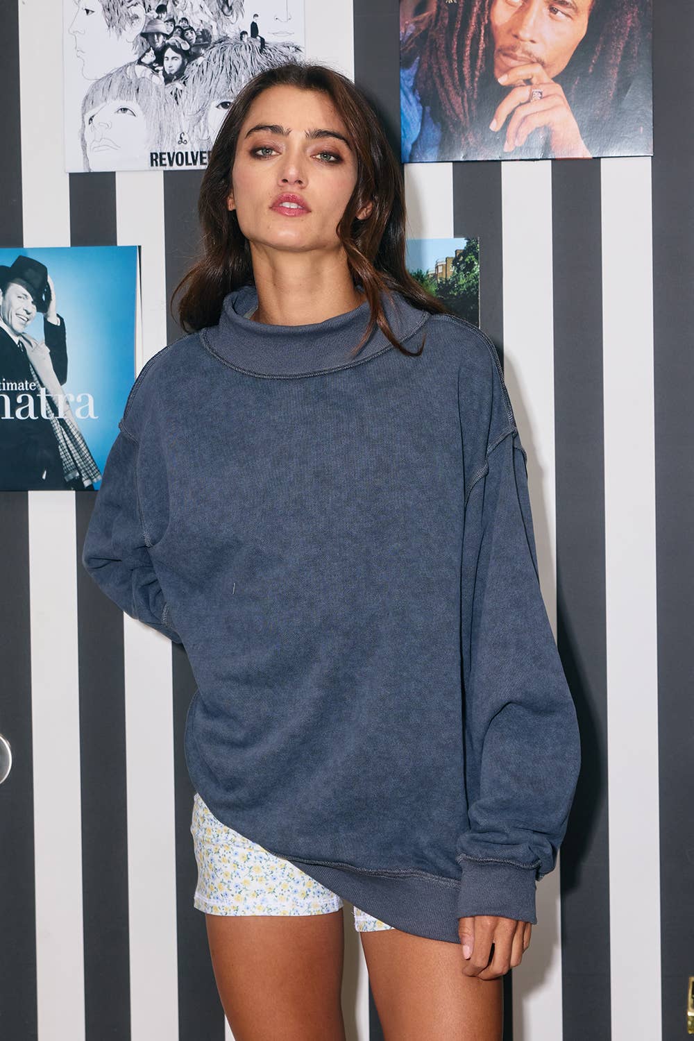 Vintage Wash Print Mock Neck Oversized Sweatshirt