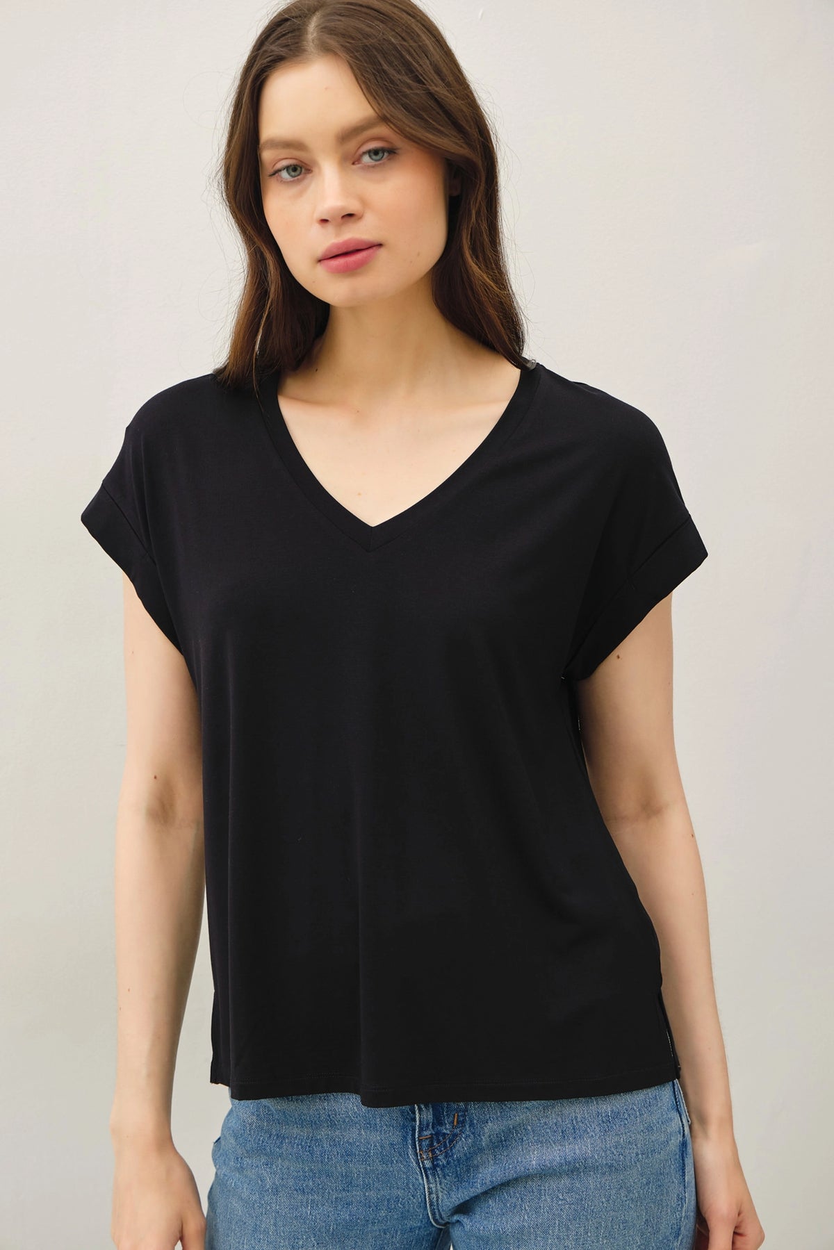 V-neck Roll Sleeve Bamboo Tee