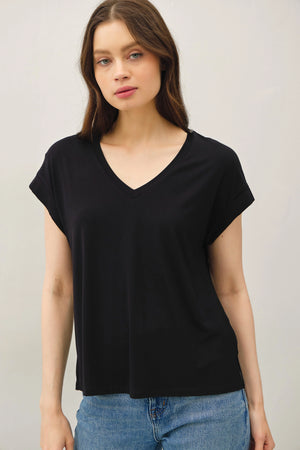 V-neck Roll Sleeve Bamboo Tee