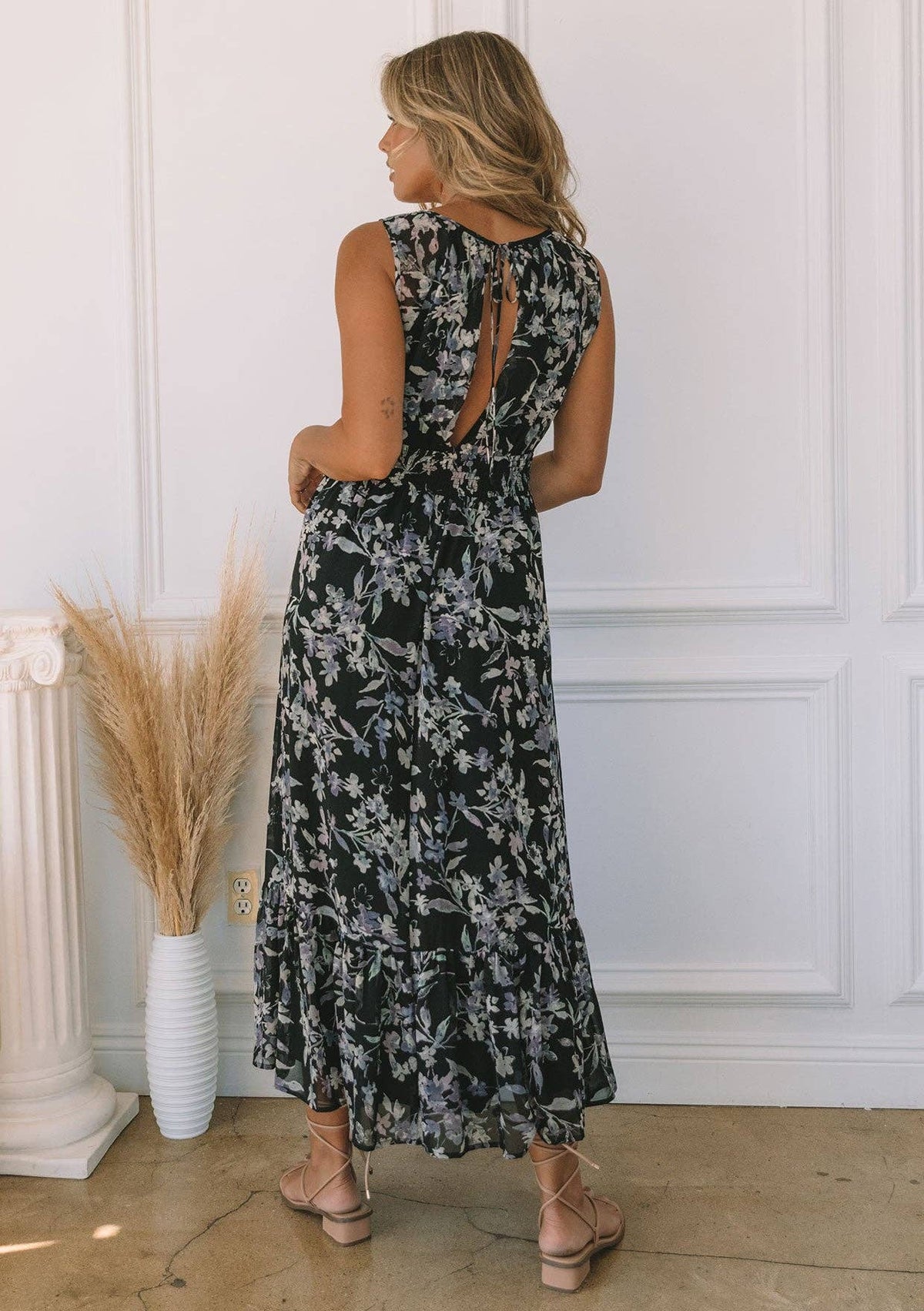 Lucienne Floral Sleeveless Round Neck Open Back Maxi Dress