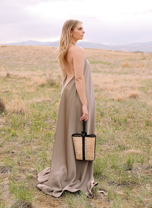 Long Khaki Green Satin Dress