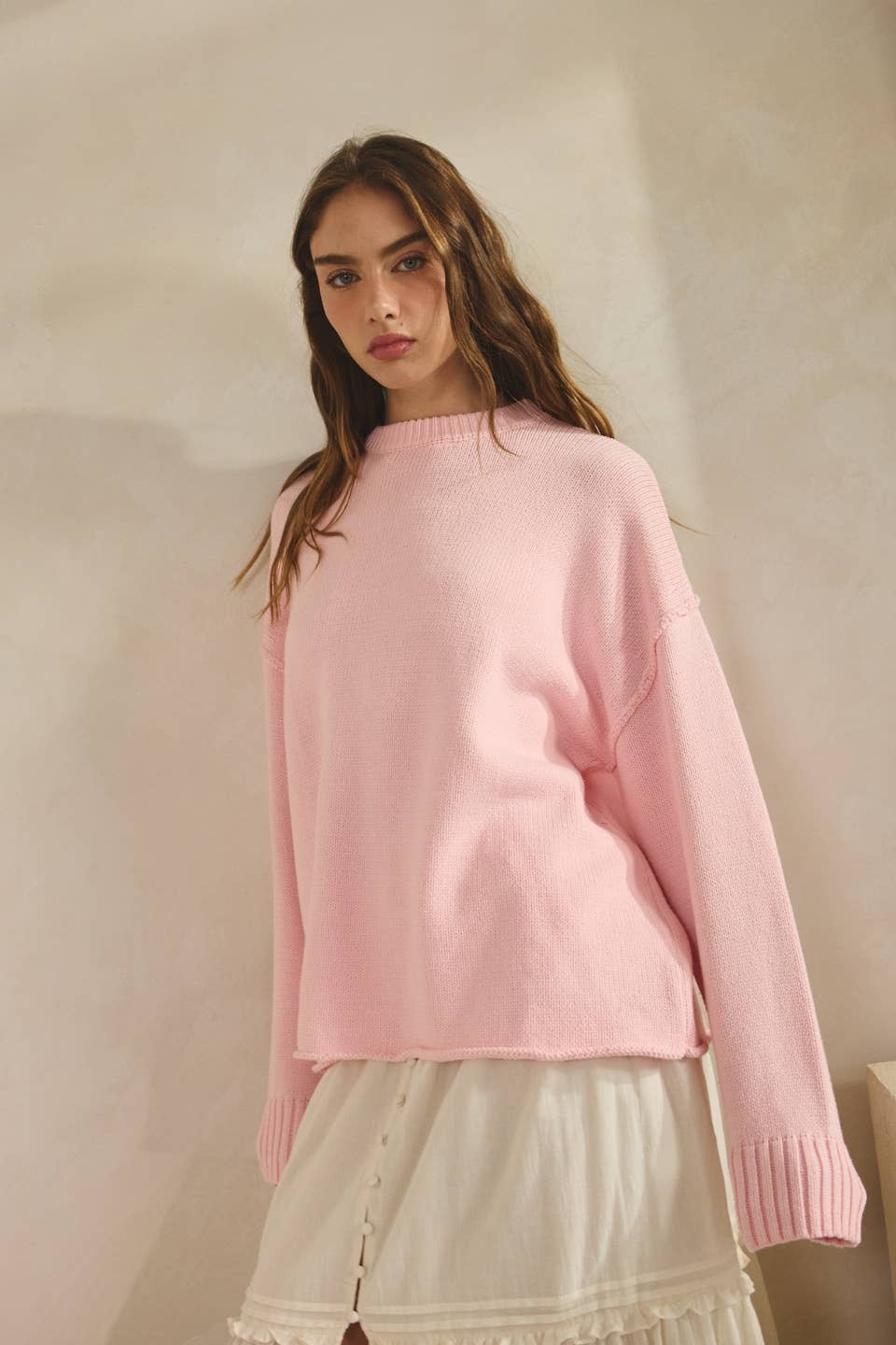 Relaxed Boyfriend Fit Pink Crew Neck Sweater